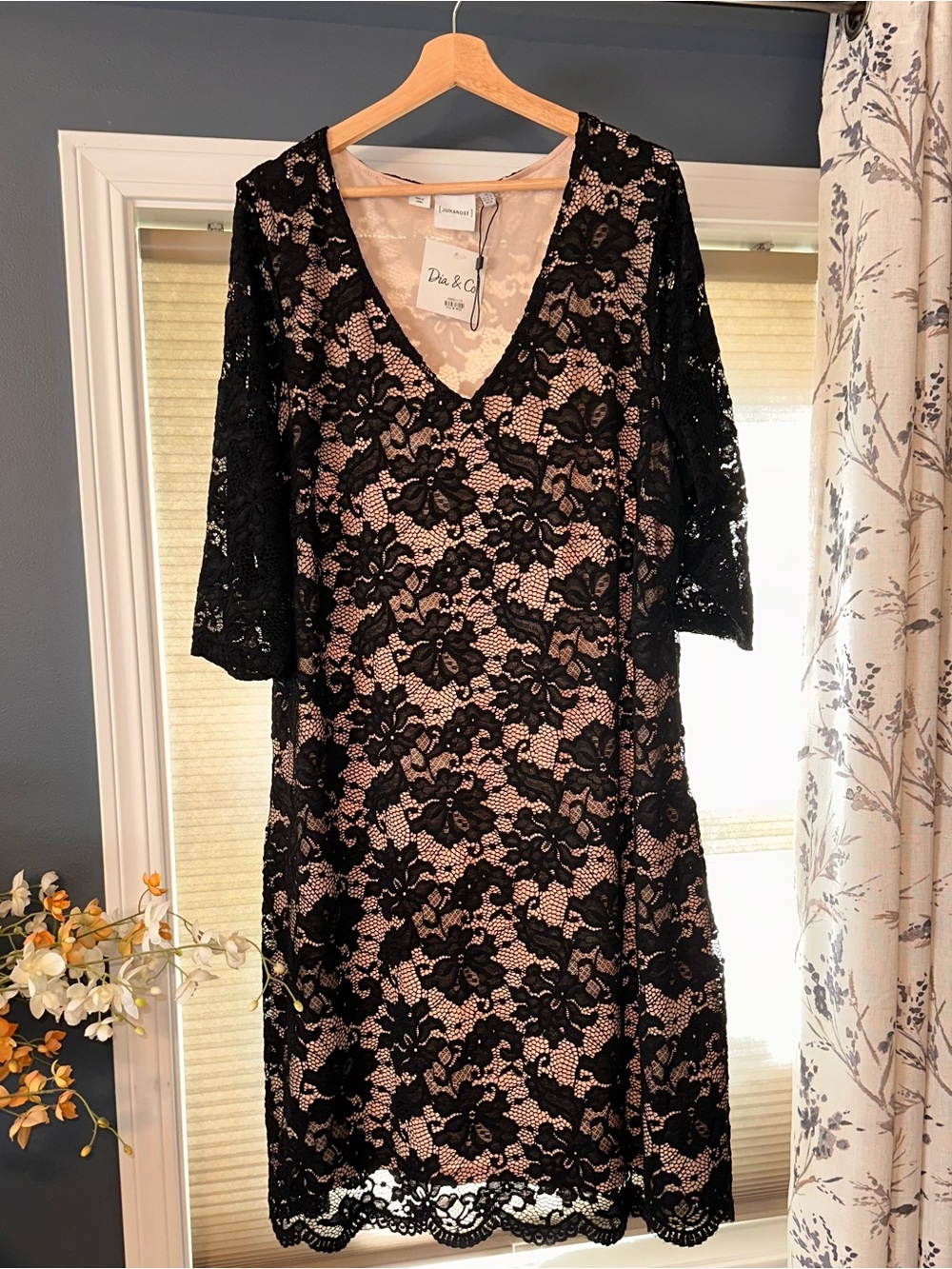 Junarose Black Lace Slip Dress with Nude Underlay